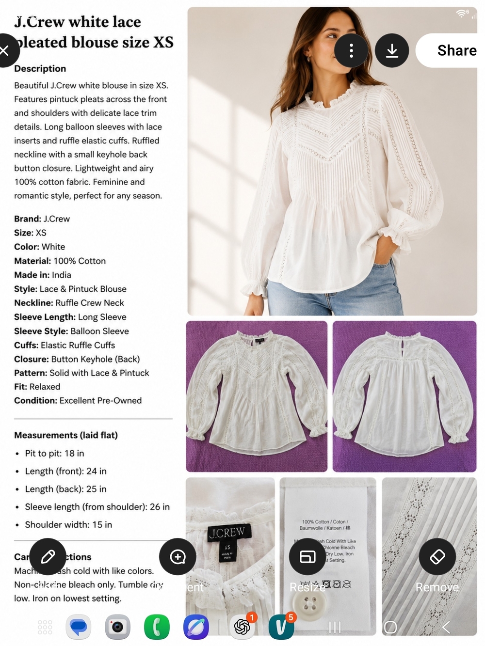 J. Crew White Lace Pintuck Peasant Blouse